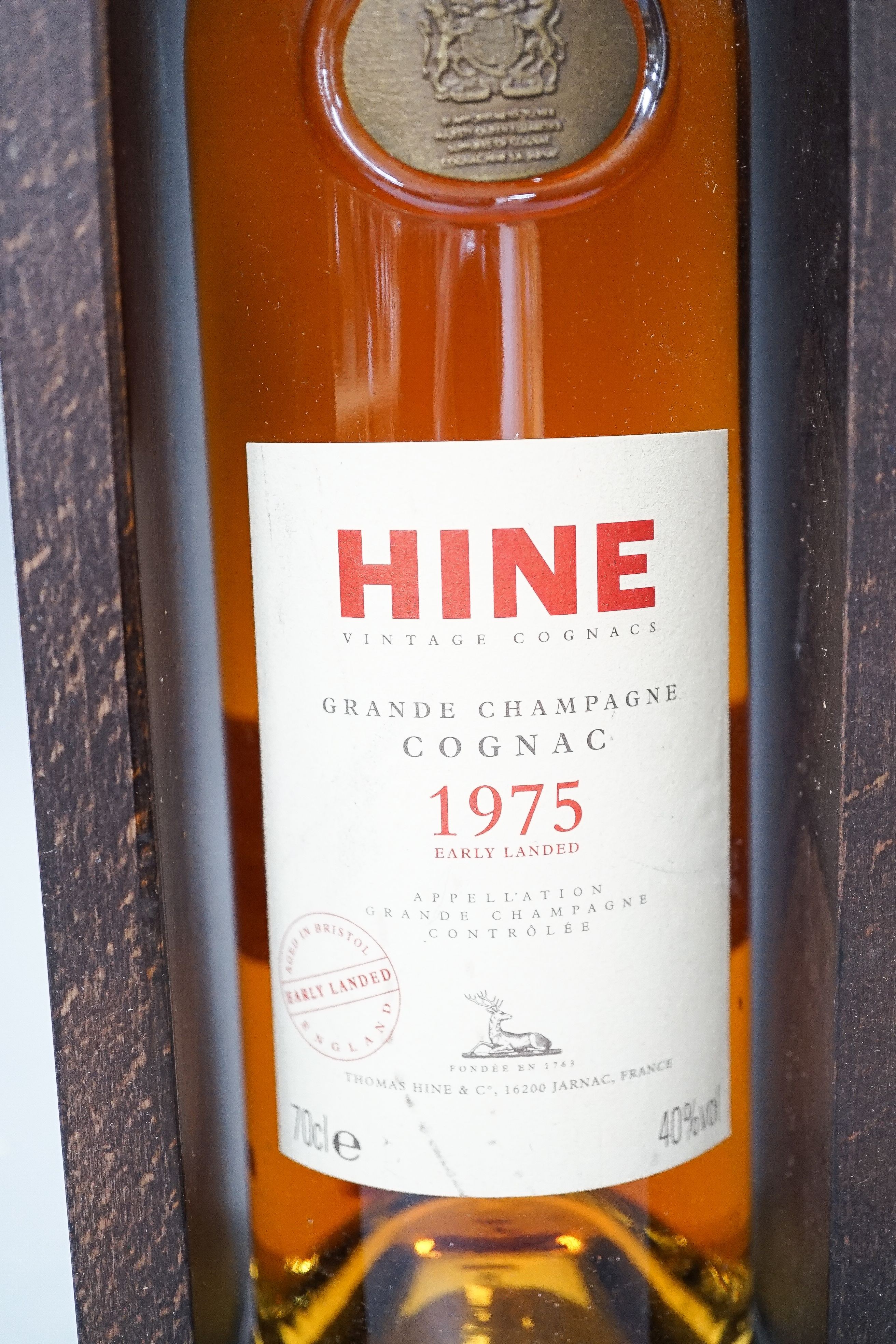 One cased bottle of Hine 1975 cognac